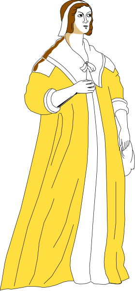 The image shows a cartoon of an individual dressed as Marie Antoinette with blonde hair wearing yellow clothing standing against a black background.