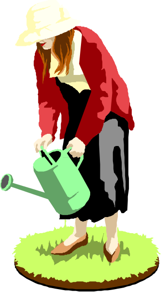 The illustration shows a woman with red hair wearing sunglasses on her head, holding two watering cans filled to different levels while standing in front of an open green umbrella that is partially visible above and behind her; she's dressed casually for gardening or outdoor work, suggesting the image may be related to springtime activities.