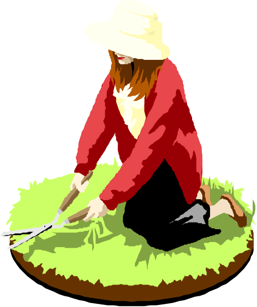 The illustration depicts a woman with straw hat kneeling on grassy patch of ground holding gardening tools while tending to plants in her garden area.