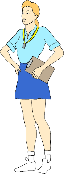 The image shows a cartoon of an animated female character standing with her hands on hips while holding what appears to be a clipboard in one hand; she is wearing shorts and has short hair.