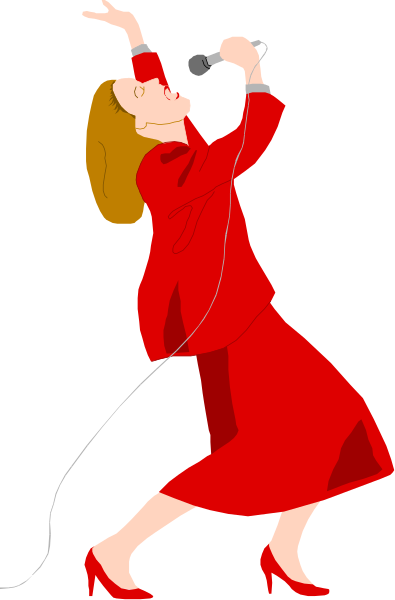 The image features a woman singing into a microphone while holding it with both hands; she is wearing red clothing that includes an open jacket revealing her midriff area, high heels, stockings, and has long hair styled in waves.