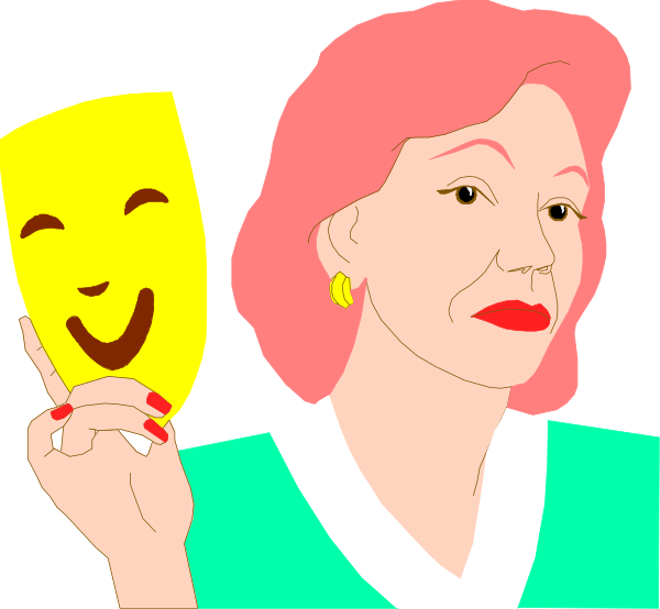 The image shows a woman holding two yellow smiley faces with red eyes; she is wearing earrings and has her hair styled in an updo.