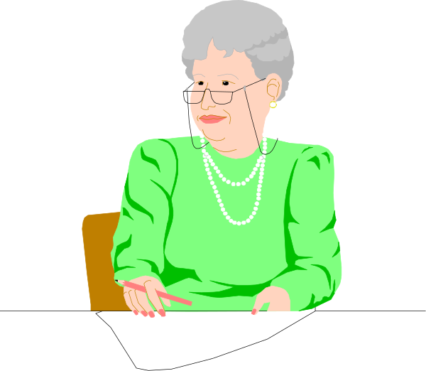 The image shows a cartoon of an elderly woman sitting at her desk with papers on it; she is wearing pearls around her neck and has glasses over her eyes while writing in ink pen.
