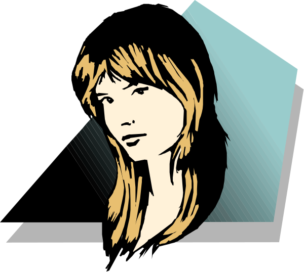 The image shows a cartoon of an adult female with long hair looking to her right side against a dark background; she is depicted in profile view facing leftwards.