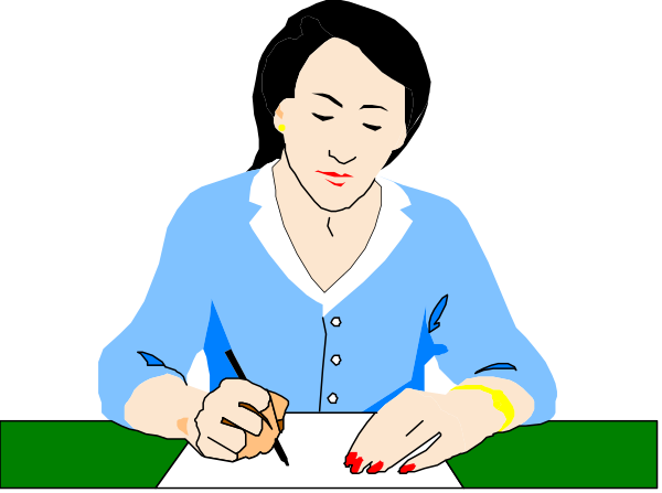 The image shows a woman sitting at her desk with paperwork on it; she is wearing red nail polish while writing in ink pen.