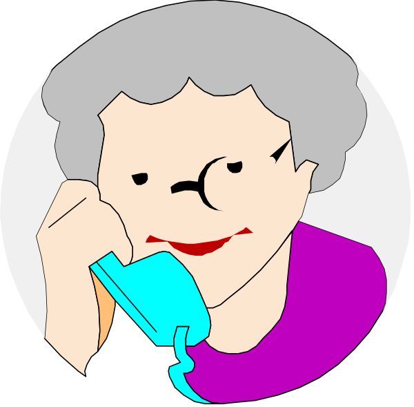The image shows a cartoon of an elderly woman talking on two phones simultaneously with her face split into four quadrants to represent each phone call; she has glasses over one eye in all panels except for the top left, where it is missing due to being covered by another panel's viewpoint.