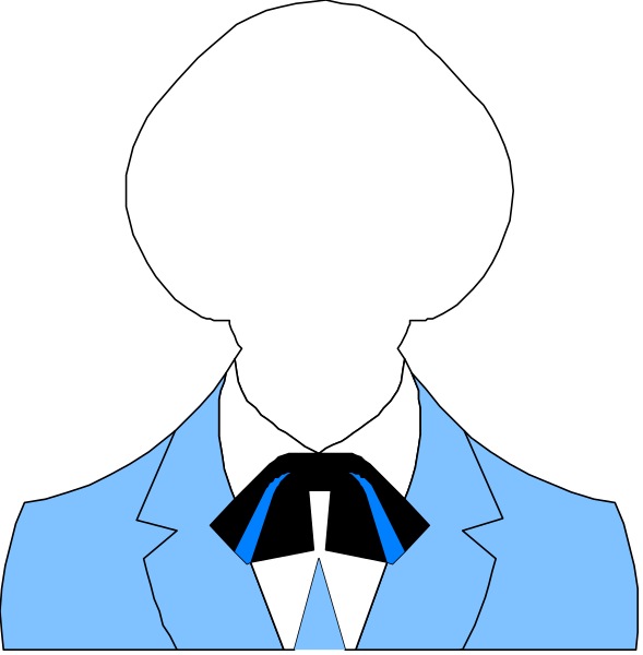 The image shows two identical illustrations of a person wearing a blue suit with white shirt collar turned down over an open necktie; each has a bald head atop their body but lacks facial features such as eyes, nose, and mouth.