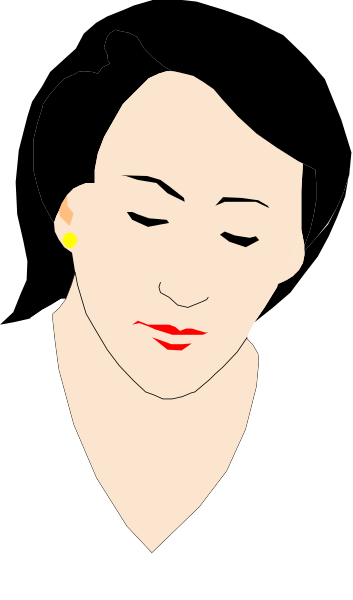 The image shows a woman with red lipstick on her lips looking to the side while wearing an earring; she has dark hair styled in bangs that fall over one eye. She is dressed in what appears to be business attire, including a white blouse and black pants or skirt.