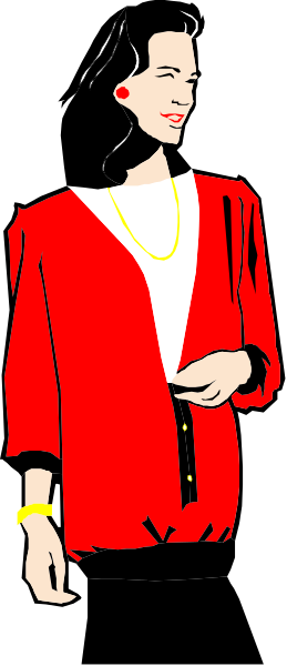 The image shows a person standing against a black background with their hands clasped together at waist level; wearing red clothing including an open-fronted jacket over what appears to be another garment, possibly white in color but obscured by the outer layer of fabric.
