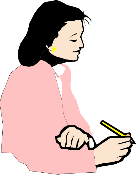 The image shows a woman sitting at her desk with paperwork on it; she is wearing glasses and has dark hair pulled back into an updo.