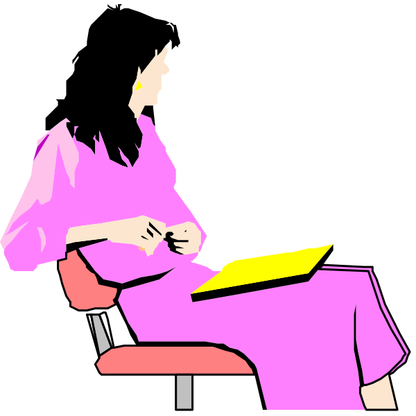 The illustration shows a woman sitting on an office chair with her legs crossed atop another chair while using a laptop computer placed in front of her. She is wearing pink clothing that covers most of her body except for one arm, which she uses to hold what appears to be a tablet or booklet open as if reading from it. The background suggests the setting might be an office environment with its neutral tones and simple furniture like another chair visible behind her.
