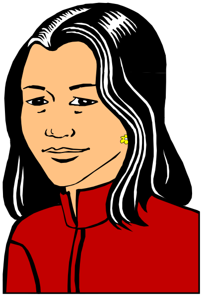 The image shows a cartoon of an Asian woman with long hair wearing red clothing; she is smiling at something off-frame to her right side in this portrait orientation view.