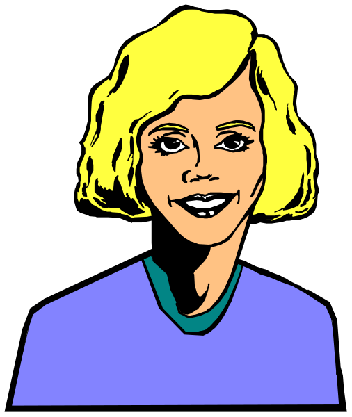 The image shows a stylized cartoon of an adult woman with blonde hair wearing glasses, smiling at something off-camera. She has short hair and is depicted in profile view against a dark background.