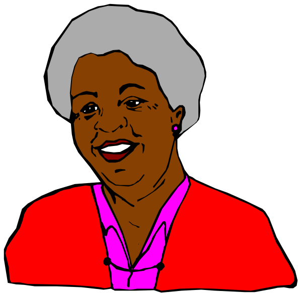 The image shows a black and white illustration of two caricatures side by side: on the left is an older woman with glasses smiling broadly; to her right stands another figure who appears to be younger, also female but without any distinguishing features like hair or clothing details that would allow for identification. Both figures are depicted in profile view against a dark background and seem to represent different generations of women based solely on their age appearance.