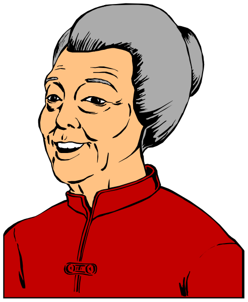 The image shows a cartoon of an elderly woman with gray hair wearing glasses, dressed in red clothing including what appears to be a jacket adorned with gold trim on her shoulders; she is smiling broadly at something off-camera and has one hand raised slightly towards it as if gesturing or waving.