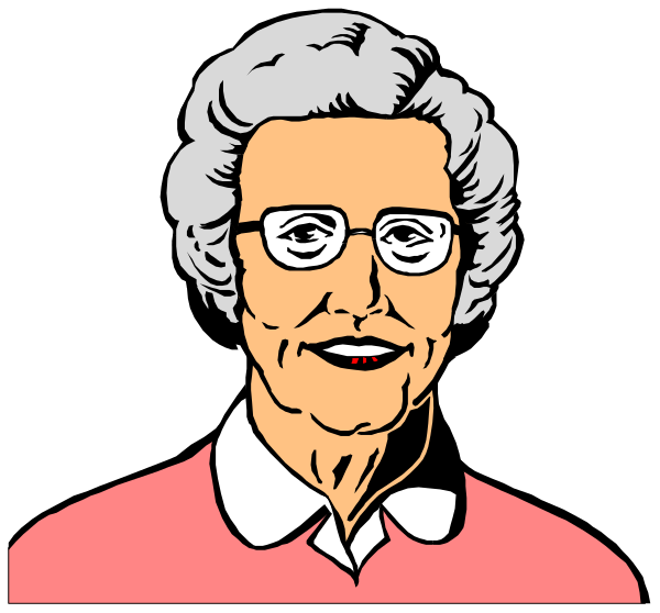 The image shows a black and white illustration of two elderly women with glasses; both have gray hair and wear collared shirts. They appear to be wearing badges on their chests that say "Nurse."
