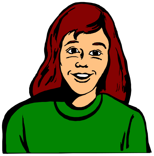 The image shows a cartoon of an animated girl with red hair smiling at something offscreen while wearing a green sweater.