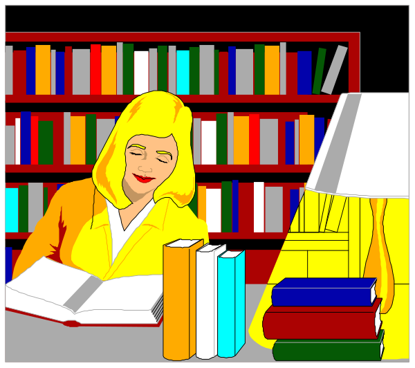 The image shows a woman sitting at a desk with books around her; she is reading from an open book while looking upwards to something off-camera.