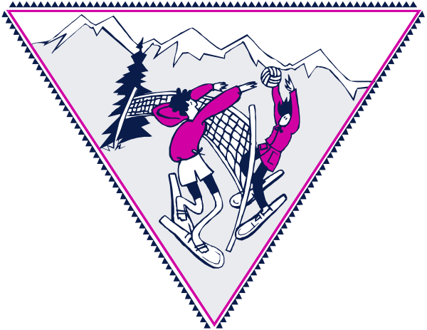 The image shows a triangular logo with an illustration of two skiers on top; below them is text that reads "SKIING" in bold letters at each corner point, suggesting it's related to skiing activities and possibly represents a brand associated with winter sports or equipment.