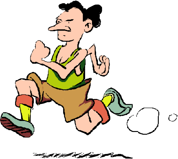 The black and white illustration shows two animated characters running side by side with their arms outstretched as if sprinting forward in a race; both have short haircuts and one is wearing shorts while the other has on pants, each pair of legs appears to be moving at different speeds due to perspective.