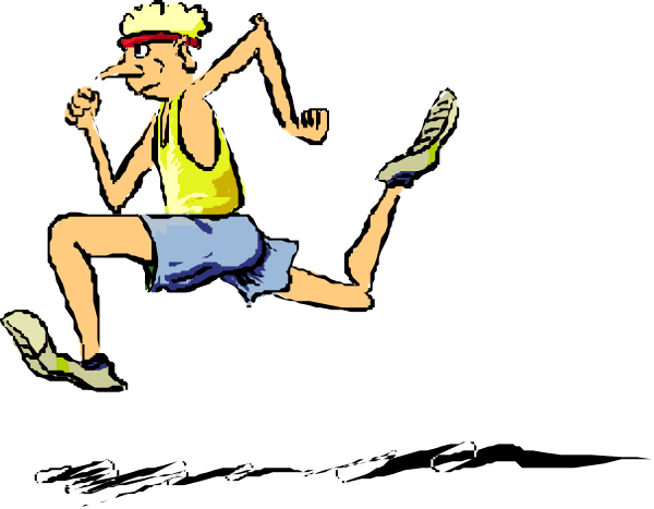 The image shows a cartoon of an animated man running with his arms outstretched as if he's sprinting forward in mid-stride against a black background.