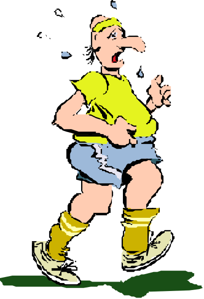 The image shows a cartoon of an overweight man running with his arms outstretched on what appears to be grassy ground under clear skies during daylight hours.