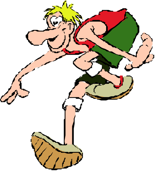 The cartoon shows a man with blonde hair running on his toes while holding onto something green that resembles an object in motion; he is wearing shorts and has one foot off the ground as if sprinting, set against a black background without any additional context or details about location or setting.