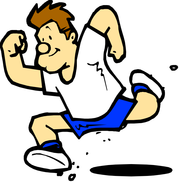 The image shows two cartoon characters: a man on the left who appears to be running with his arms outstretched in front of him as if he's sprinting forward; and another character on the right, also male but depicted from behind while standing still or posed for an action shot. Both are wearing shorts and sneakers suitable for athletic activity. The background is plain black without any distinguishable features that would provide context about their location within a larger scene.