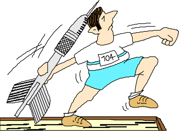 The cartoon shows a man with an exaggeratedly large hammer on his head running towards something that looks like a giant toothbrush in front of him.