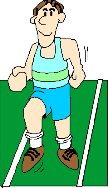 The cartoon shows a man running on an athletic track with his arms outstretched for balance while wearing shorts and sneakers; he is depicted in black-and-white line drawing form against a white background, which gives it a clipart appearance.