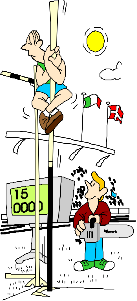 The illustration shows a man on stilts performing at nighttime with an audience of two individuals watching from behind him; there is also another figure standing in front of him holding what appears to be a sign, and it's set against a dark background that suggests urban surroundings.