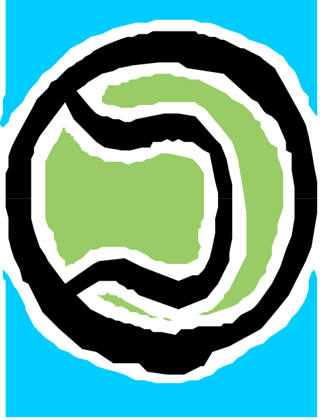 The image shows a pixelated logo with an abstract design resembling two overlapping circles forming a shape that could be interpreted as either a stylized letter 'C' or a simplified representation of a face, set against a blue background on what appears to be a flagpole in the upper right corner.