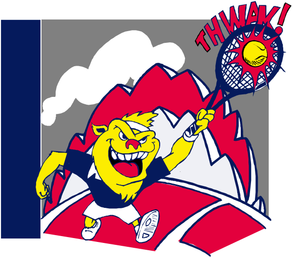 The image shows a cartoon of an animated character holding a tennis racket with two hands on it while jumping upwards in front of what appears to be a volcano eruption background.