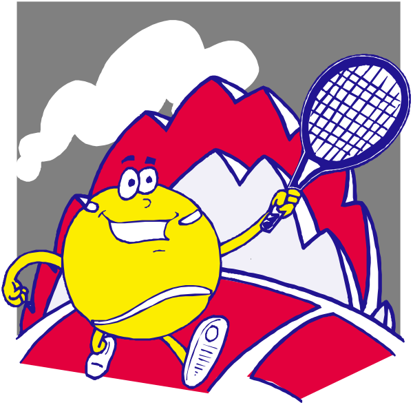The cartoon shows a tennis player holding a racket with an exaggerated facial expression on his face while standing next to a mountainous landscape that has been altered for comedic effect; there is also another character, which appears to be a yellow ball personified and smiling at him from the right side of the image.