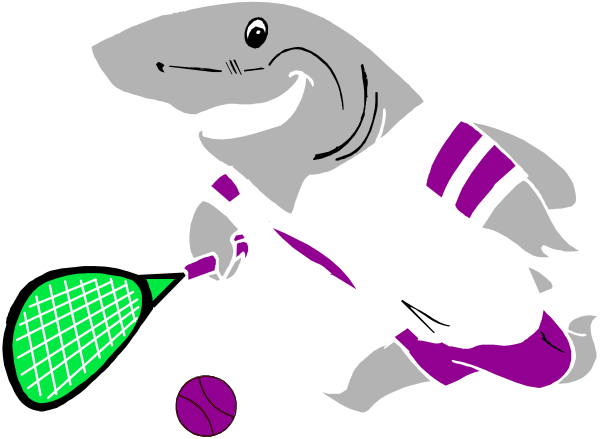 The cartoon depicts a shark holding two tennis rackets while running towards an audience with sports balls around it.