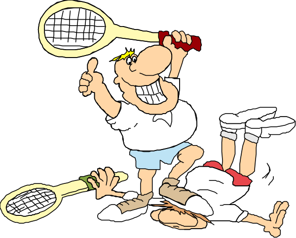 The cartoon shows a man holding tennis rackets while lying on his back with another person standing over him who is also holding two more racquets; both characters appear to be in motion as if playing an exaggerated game of badminton, and there's no sign of the sport being played.