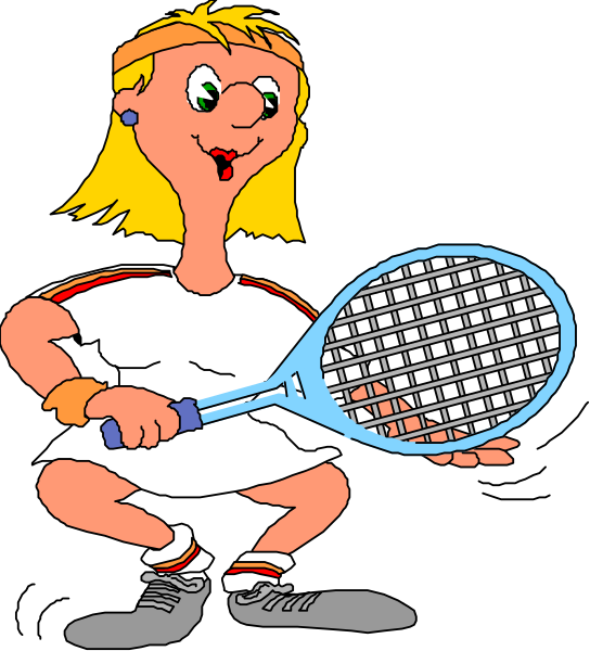 The cartoon depicts a female tennis player holding her racket with both hands while standing on two legs; she is wearing white shorts, black shoes, an orange wristband, and has blonde hair tied back in pigtails.
