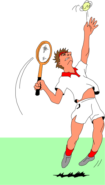 The illustration depicts a male tennis player mid-action on an outdoor court with his racket raised to hit a ball that is in motion above him; he's wearing white shorts and shoes, along with red socks and wristbands, suggesting athletic attire appropriate for playing the sport of tennis.