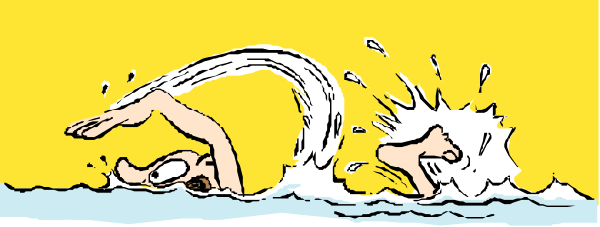 The cartoon shows a person swimming with their arms outstretched above them while wearing yellow goggles; there is no text present in this image.