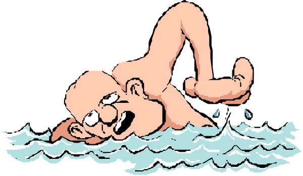 The cartoon shows a man falling into water while riding on his surfboard; he is wearing shorts with no shirt visible in this image.