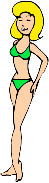 The image shows a cartoon of an animated female character wearing bikini bottoms standing against a black background with her hands on hips; she has blonde hair styled in waves and is smiling at something off-camera, giving no indication that it's nighttime or daylight outside the frame.