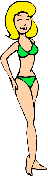 The image shows a cartoon of an animated female character wearing bikini bottoms standing against a black background with her hands on hips; she is smiling at something off-camera to the right side of the frame, and there's no text present in this clip art illustration.