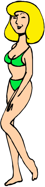 The image shows a black and white cartoon of two women; on the left is an animated woman wearing a bikini standing upright with her arms at sides, while to the right appears another figure that seems like it's in motion as if walking away from or towards the first character.