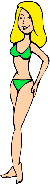 The image shows a cartoon of an animated female character wearing bikini bottoms standing against a black background with her hands on hips; she has blonde hair styled in waves and is smiling at something off-camera, giving no indication that it's nighttime or daylight outside the frame.