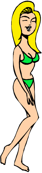 The image shows a black and white cartoon of two women standing side by side with their backs to each other; both have bikinis on but only one is wearing them properly while the other has her top off, revealing she's not wearing anything underneath it.