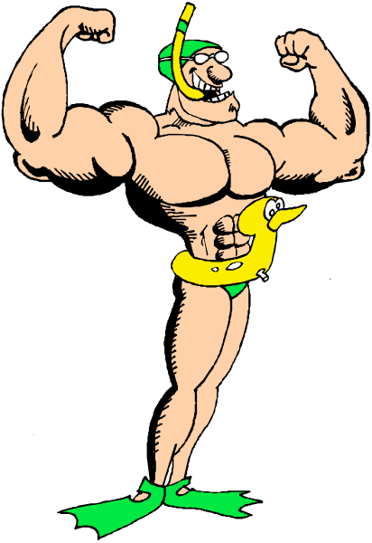 The black and white illustration shows a muscular man with exaggerated muscles wearing an old-fashioned diving suit holding onto his chest as if he's flexing his pecs.