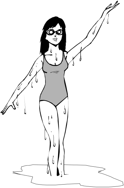 The black and white illustration shows a female figure with wet hair standing on her toes against a dark background; she is wearing an athletic outfit that includes shorts and tank top, suggesting movement like swimming or gymnastics.