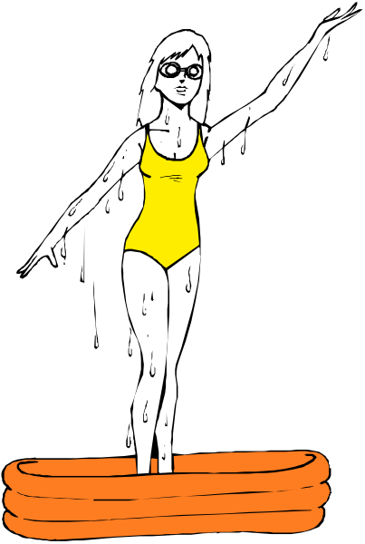 The image shows a black and white cartoon of an animated female figure on top of two red rings that resemble swimming pools; she is wearing yellow swimwear with stripes down her sides, has short hair, glasses, and appears to be in motion or performing some sort of action related to water sports.