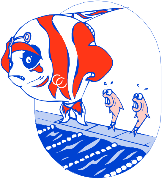 The illustration depicts a cartoon fish with red fins swimming above two smaller fishes that appear to be looking up at it from below in what seems like an underwater environment near some bubbles.