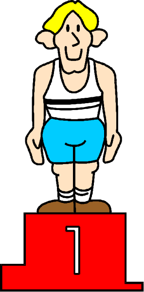 The image shows a cartoon of an athlete standing on top of a red podium with number 1 written at its base; there is no background detail provided in this clip-art illustration.